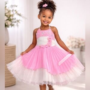 Girls Pink Floral Party Dress Formal Occasion Dress Size 4-5